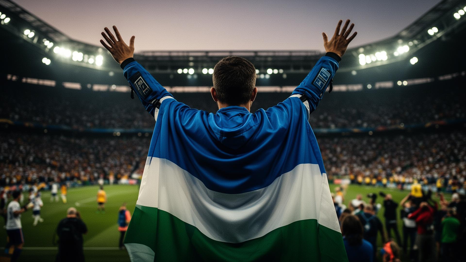 Stadium crowd celebrating, fan in RAYAH cape with arms raised